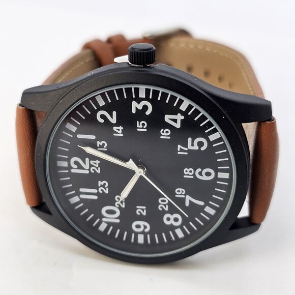 Field Men's Watch 42MM Easy Read Black Dial Black Case Brown Leather Band Straps - Picture 1 of 14
